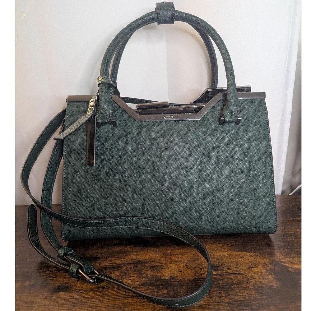 Dune London Structured Dark Green Purse with Top Handles and Crossbody Strap